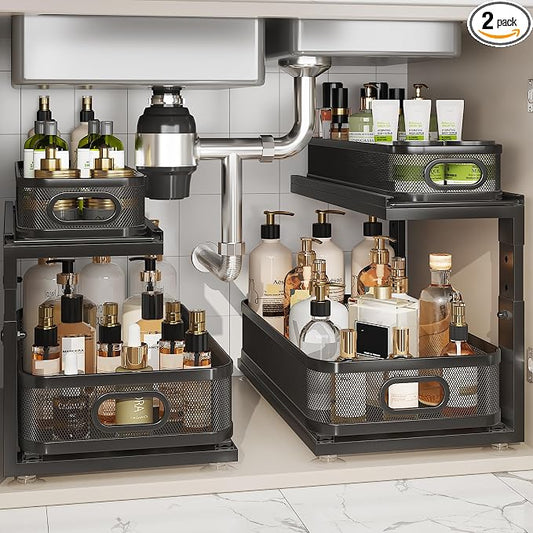 2 Pack 18.5IN-Depth Under Sink Organizer With Next-Gen Ball-Bearing Slides,2-Tier Precision Mesh Pull Out Cabinet Storage for Bathroom&Kitchen,Height Adjustable Drawers Shelf,Anti-rust-Black