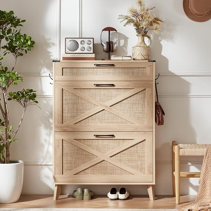 LEYAOYAO Shoe Cabinet Storage for Entryway with 2 Flip Drawers Rack Narrow Organizer Slim Hidden Wood Shoe Cabinet Furniture Natural Oak