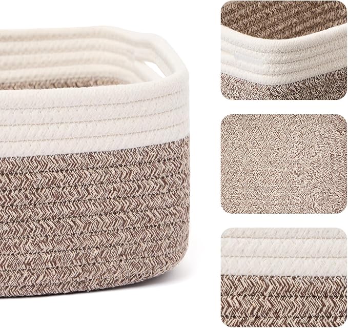 MiniArk Small Storage Baskets for Organizing | Closet Organizer Bins | Shelf Toy Basket | Woven Rope Baskets | Cube Decorative Box | Shallow Basket | 13x8.5x5.1” | 3 Packs White Brown