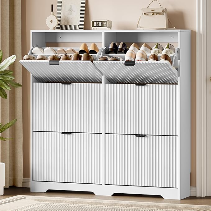 Xixini Shoe Storage Cabinet for Entryway with 6 Flip Drawers, Hidden Slim Wood Shoe Organizer with Modern Fluted Panel, Freestanding Narrow Shoe Rack for Front Door Entrance, Hallway, Foyer, White