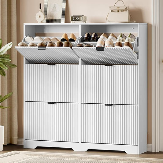 Xixini Shoe Storage Cabinet for Entryway with 6 Flip Drawers, Hidden Slim Wood Shoe Organizer with Modern Fluted Panel, Freestanding Narrow Shoe Rack for Front Door Entrance, Hallway, Foyer, White