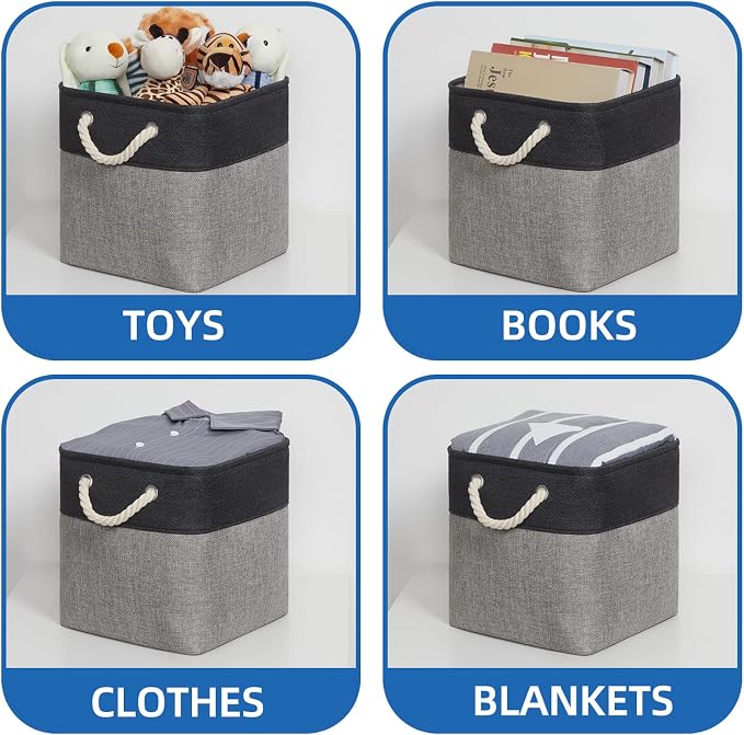 Temary Storage Baskets 4 Pack Fabric Storage Cubes Basket for Organizing, Collapsible Cloth Baskets with Handles for Shelves, Home, Closet (Black&Gray)