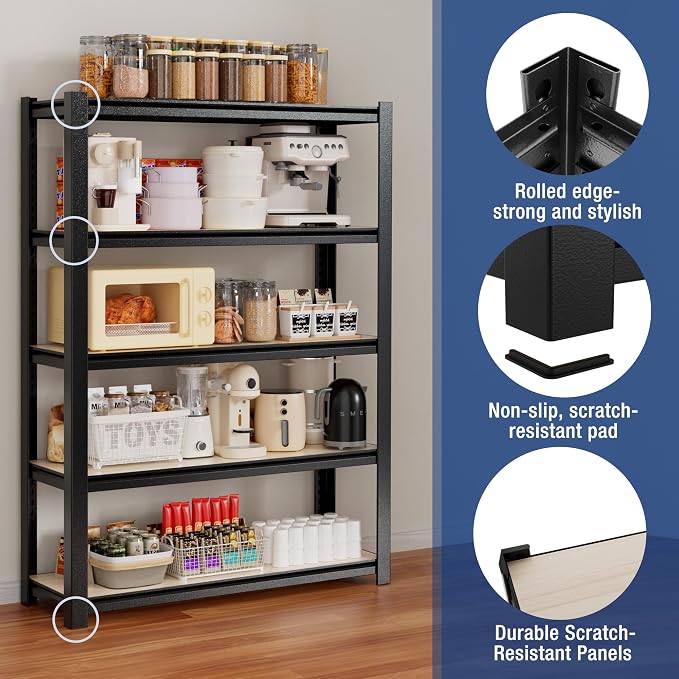 WORKPRO 5-Tier Black Shelving with Board, 36.2”Wx16.5”Dx72”H, 3000LBS Load | Adjustable, Heavy Duty, 3000lbs, Boltless Shelving for Kitchen, Living Room, Garage