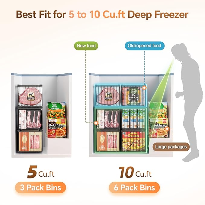 Freezer Organizer Bins, 3 Pack Enlarged Baskets for 5-9 Cu.FT Deep Freezer | Stackable Chest Freezer Organizer Bins, Foldable with Handles, Black Storage Container Baskets for Sort Frozen Meats