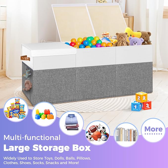 Extra Large Toy Box, Collapsible Toy Storage Chest with Lids, 40"X14"X16" | Sturdy Storage Organizer Bin with Divider for Kids, Boys, Girls, Playroom Bedroom Nursery Organization, White & Gray