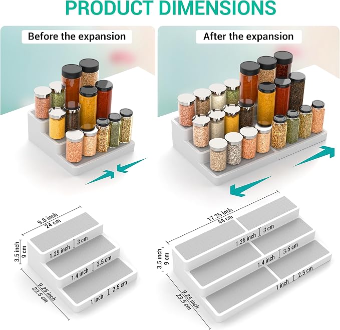 YAN & HIN Expandable Spice Rack Organizer for Cabinet (2 Pack), 3-Tier Tiered Spice Shelf Organizer with Non-Skid Surface, Spice Riser, Adjustable Pantry Organizer for Spices, Cans & Medicine Cabinet