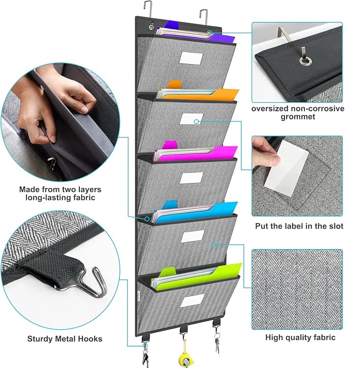 Over the Door File Organizer, Hanging File Folders, Wall Organizers and Storage for Mail, Magazine, Notebooks, Planners, Office, Classroom, 5 Extra Large Pockets, 50.39” Tall (Grey with Herringbone)