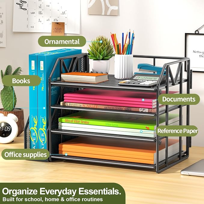 4-Tier Paper File Organizer with Bookend, Metal Desk Organizer, Tiered Paper Tray for Letter/A4 Files, Desktop Office Supplies Storage Rack for Home Office, Classroom, School & Work, Black