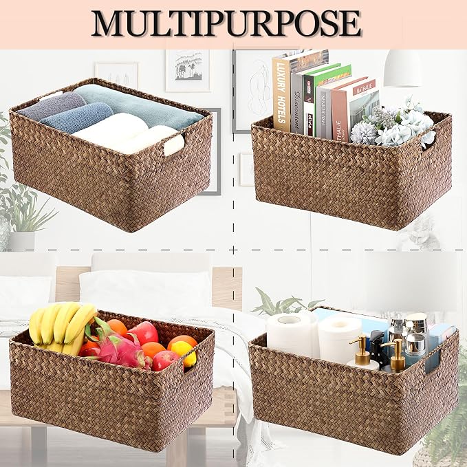 Hipiwe Seagrass Storage Baskets Bin for Shelf, X-Large Woven Wicker Basket | Rectangular Bathroom Baskets Organizer Built-in Handles, Multipurpose Storage Basket Bin, 16.1"L x11.8"W x7.7"H