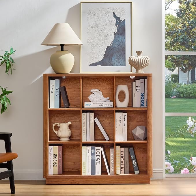 Joaxswe 9 Cube Storage Book Shelf, 40.5" Wide Organizer Bookshelf with Curved Edge, Wood Floor Standing 3-Tier Cubby Bookcase with Base, Country Rustic Display Book Case for Library, Office, Brown
