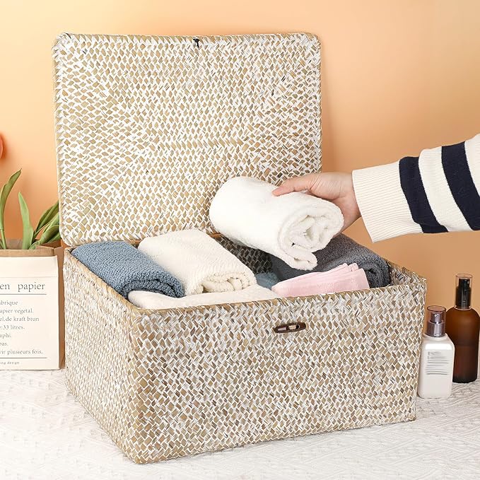Hipiwe Wicker Woven Baskets Bin with Lid Seagrass Storage Basket, X-Large | Natural Decorative Baskets Rectangular Household Basket for Shelf Wardrobe Home Decor, Whitewash