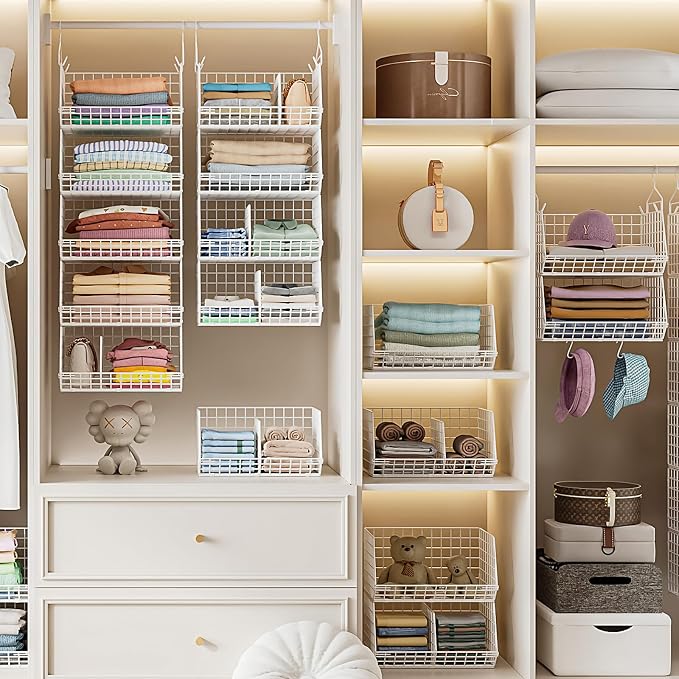 6 Tier Extra Large Hanging Closet Organizer, Closet Storage Hanging with Dividers, Wire Closet Shelf with 5 S Hooks 4 Dividers,Sweater Handbag Hat Accessory Storage Hanger,White