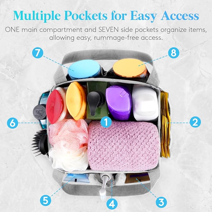 Lifewit Mesh Shower Caddy Portable for College Dorm Room Essentials with 7 Pockets, Freestanding Hanging Organizer Basket, Quick Dry Tote Bag for Camping, Bathroom, Beach, Travel, 1 Pack, Grey