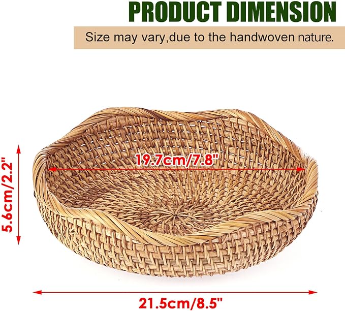 Hipiwe Natural Rattan Tray 8.5" Wicker Storage Bowls Hand Woven Basket Tray for Bread Fruit Key Round Fruit Baskets for Kitchen Entryway Tabletop Decorative Baskets Bowl