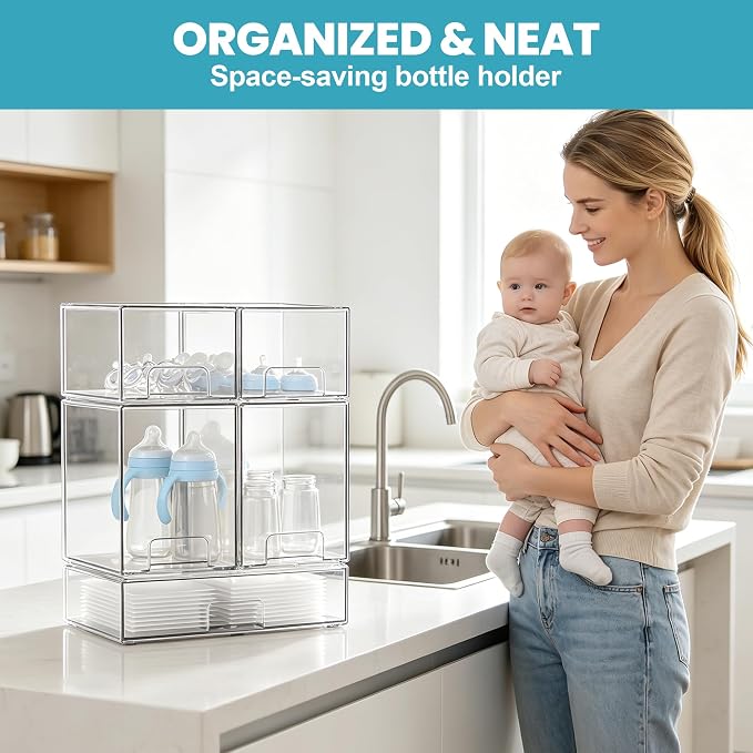 Stackable Storage Drawers, 4 Pack Clear Acrylic Makeup & Bathroom Organizer, Versatile Storage Bins for Vanity, Under Sink, Kitchen Cabinets & Pantry (4 Pack)