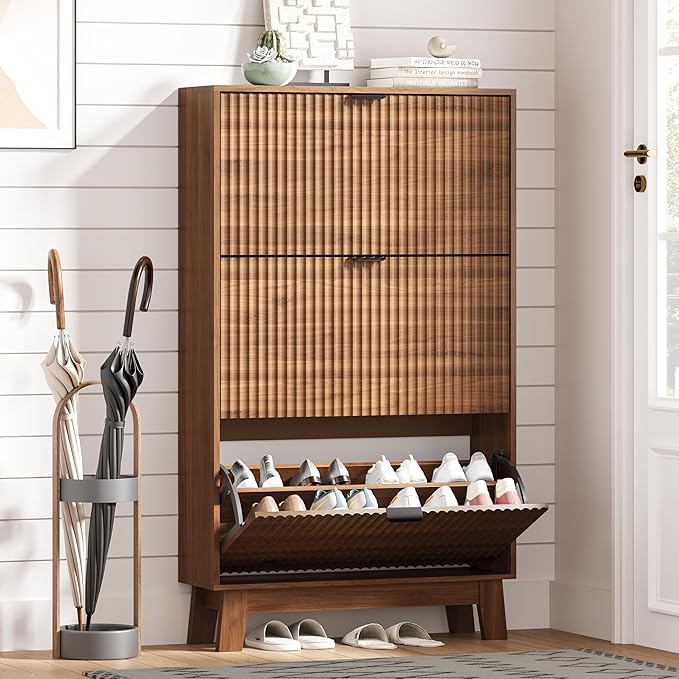 Shoe Cabinet Storage for Entryway with 3 Flip Drawers, Fluted Narrow Shoe Organizer with Wooden Legs, Freestanding Slim Shoe Storage Hidden Shoe Rack Organizer for Front Door Entrance, Hallway, Walnut
