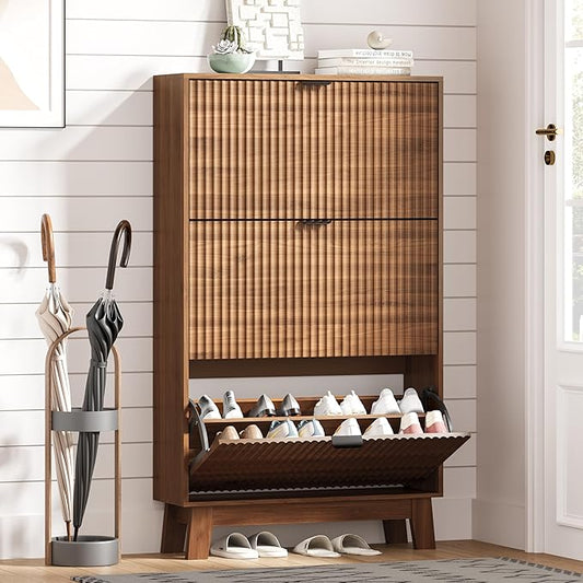 Shoe Cabinet Storage for Entryway with 3 Flip Drawers, Fluted Narrow Shoe Organizer with Wooden Legs, Freestanding Slim Shoe Storage Hidden Shoe Rack Organizer for Front Door Entrance, Hallway, Walnut