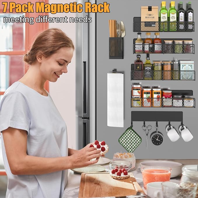 DTUQYX Magnetic Spice Rack for Refrigerator, 7 Pack Metal Shelf Black , Moveable Organizer with Hook Rack, Paper Towel Holder, Kitchenware Strong Storage Fridge