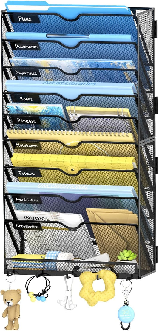 10-Tier Wall File Organizer with Hooks, Hanging File Organizer | Metal Mesh Mail Organizer, Wall Mounted File Organizer for Home, Classroom, Office Organization
