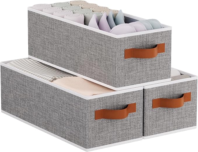 Foldable Long Storage Boxes,15x6x5 In,Gray Fabric Bins,3-Pack | Storage Basket with Double Handles,Damp-Proof PP Panel Organizer Bins,Decorative Linen Bathroom Containers