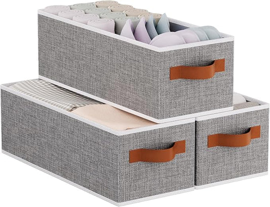 Foldable Long Storage Boxes,15x6x5 In,Gray Fabric Bins,3-Pack | Storage Basket with Double Handles,Damp-Proof PP Panel Organizer Bins,Decorative Linen Bathroom Containers