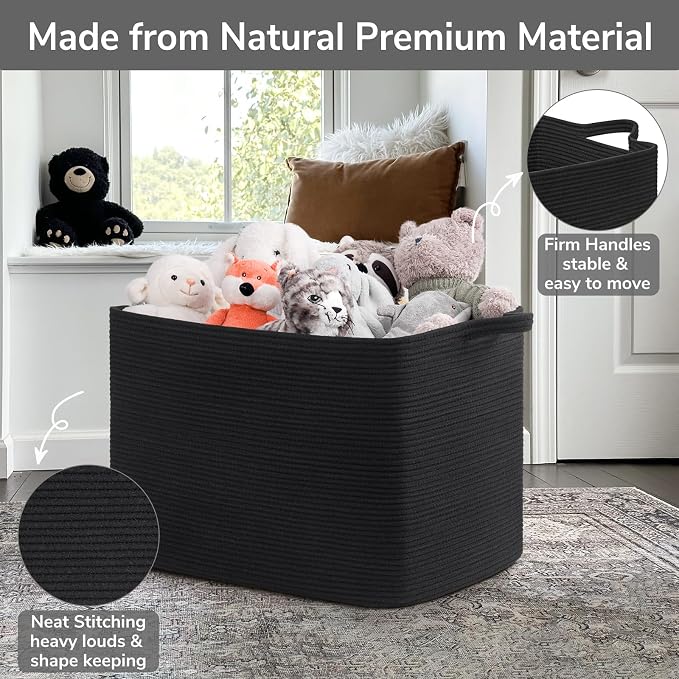 Goodpick 105L Extra Large Woven Blanket Basket, Cotton Rope, Black | 25 x 16 x 16 in, Rectangle, Living Room, Bedroom & Nursery Organization, Blankets, Pillows, Toys & Clothes Storage