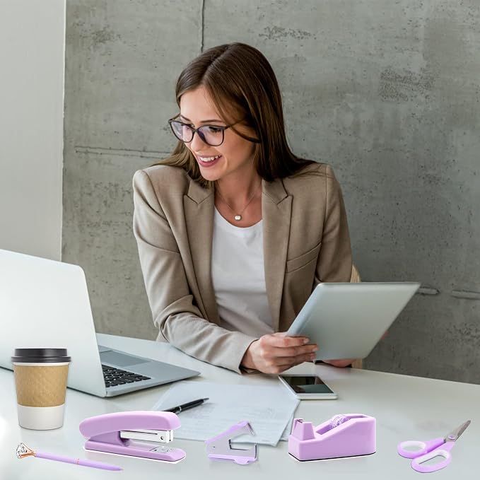 Purple Desk Accessories, Purple Office Supplies, Stapler, Staple Remover, Tape Holder, Pen Holder, Ballpoint Pen, Scissor, Binder Clips, Paper Clips and 1000pcs Staples.