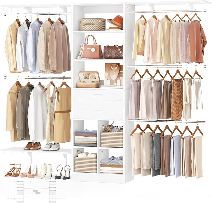 Besiost Closet System - 5-8FT Closet Organizer System with Wooden Drawers & Cube Storage Organizer, Up To 96" Closet Systems for Nursery & Walk-In Closets with Cuttable Hanging Shelving, White