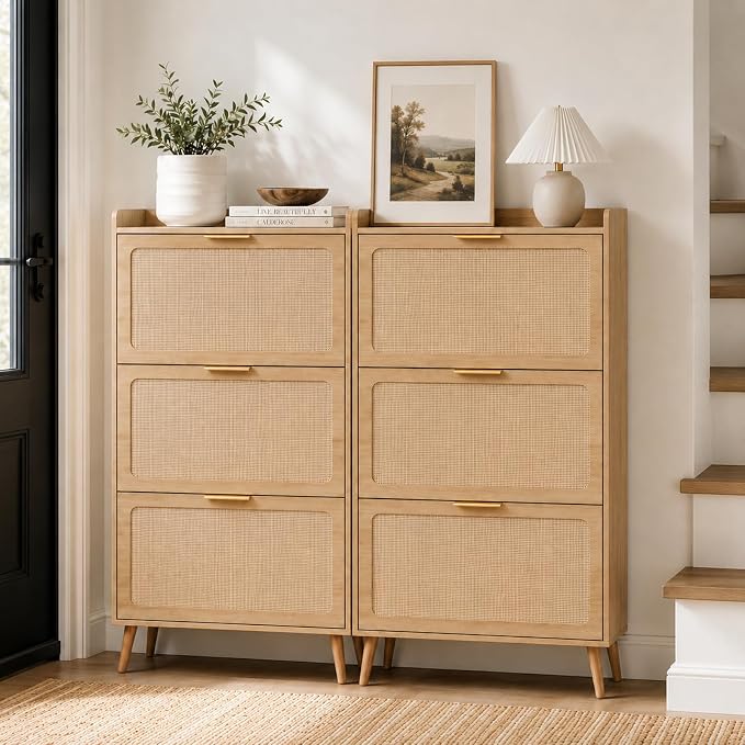Shoe Cabinet, Rattan Shoe Storage Cabinet for Entryway with Flip Drawers | 3 Flip Drawers, Breathable Rattan, Odor Resistant, Hidden Shoe Organizer, Slim Space Saving, Narrow Cabinet, Entryway Storage