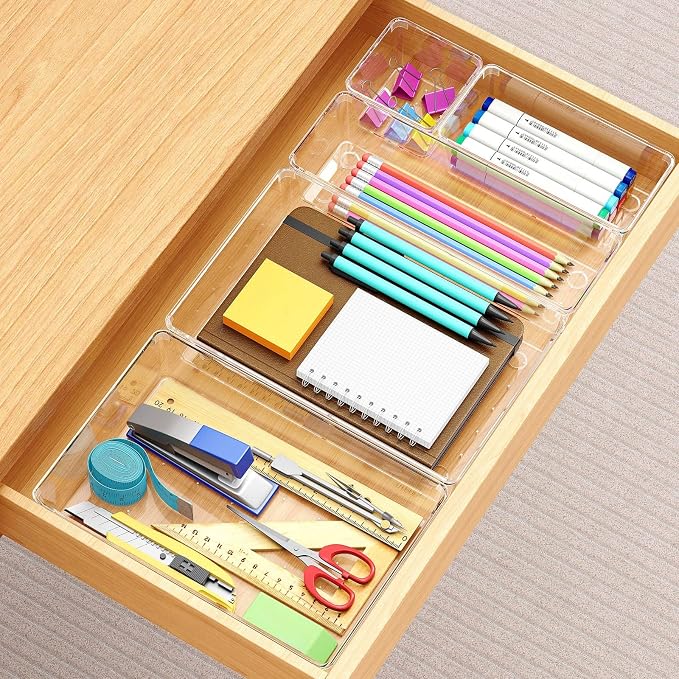 Manalete Drawer Organizers Set of 65, 4 Sizes Clear Plastic Drawer Organizers and Storage Bins for Kitchen, Bathroom, Office, Dresser Desk Drawer Organizer Tray for Jewelry, Makeup, Junk, Gadgets