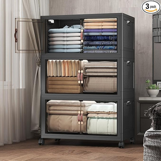 Stackable Storage Bins with Lids, 504QT Closet Organizers and Storage Cabinet with Doors & Wheels, Lockable Plastic Foldable Drawers for Bedroom Dorm Office Garage（168QT*3,Black）