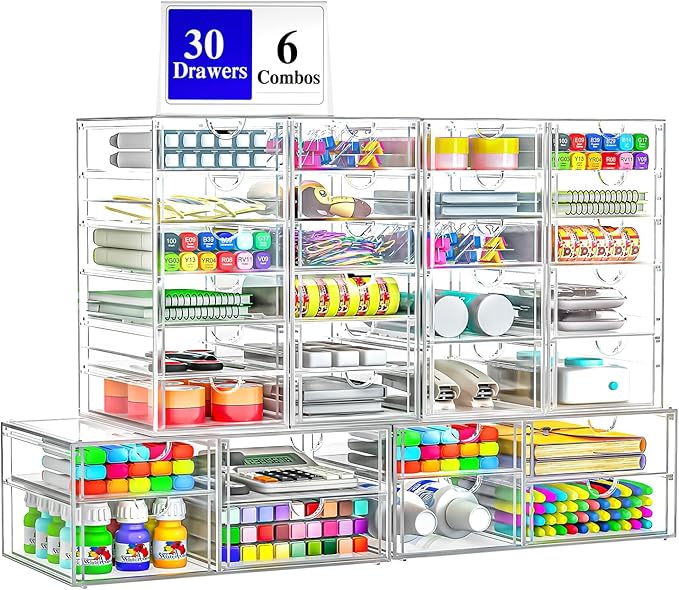 ARSTPEOE 30-Drawer Acrylic Storage & Makeup Organizer for Desk, Bath | Smooth-glide drawers, clear acrylic, stackable , dustproof, wipe-clean, for perler beads, rhinestones, googly eyes, lego bits