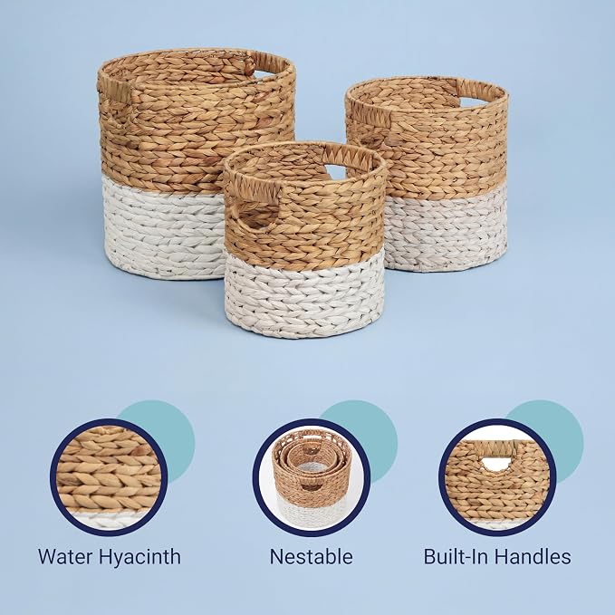 happimess Avery 3-Piece Cylinder Nesting Baskets 13", White/Natural | Hyacinth, Bohemian Cottage Style, Handwoven Wicker, Iron Metal Frame, Decorative Storage For Toys And Books, Built In Handles