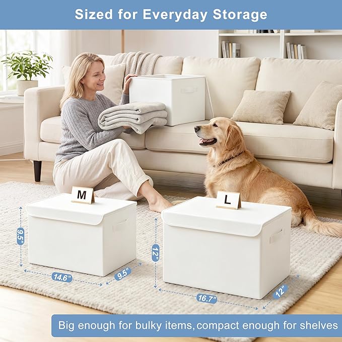 Bagnizer Large 22 Quart Linen Fabric Foldable Storage Bin Cube Organizer Basket with Flip-Top Lid & Handles, Clothes Blanket Box for Home, Office, Closet, White, 4 Pack 14.6 x 9.5 x 9.5”