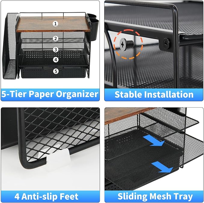 OPNICE Desk Organizer, 5-Tier Desktop File Organizer with Drawer and Pen Holders, Office Desk Accessories, File Sorters, Workspace Organizers for Office Supplies(Wood)