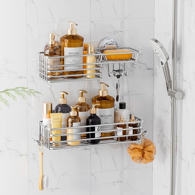 LEVERLOC Shower Caddy Suction Cup, 2 Pack Heavy Duty Bathroom Organizer | Shower Caddy with Hooks & Soap holder, Removable Shower Storage, Rustproof Silver bathroom Holder