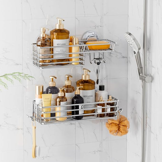 LEVERLOC Shower Caddy Suction Cup, 2 Pack Heavy Duty Bathroom Organizer | Shower Caddy with Hooks & Soap holder, Removable Shower Storage, Rustproof Silver bathroom Holder