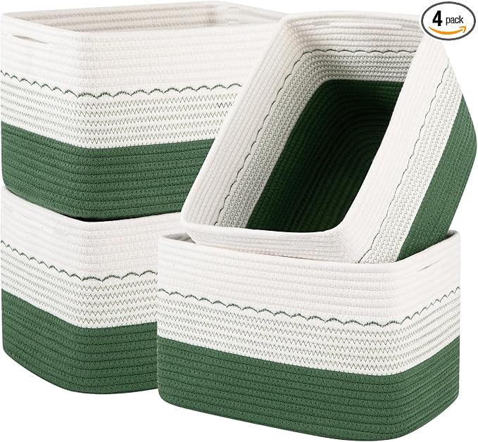 OIASKET 4 Pack Storage Baskets for Organizing, 13"X9"X7.87", Decorative Cotton Rope Baskets for Shelves, Small Woven Basket for Toys, Books and Towels, Green & White