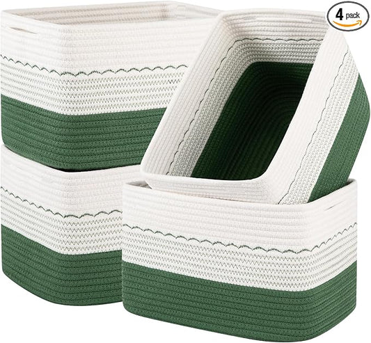 OIASKET 4 Pack Storage Baskets for Organizing, 13"X9"X7.87", Decorative Cotton Rope Baskets for Shelves, Small Woven Basket for Toys, Books and Towels, Green & White