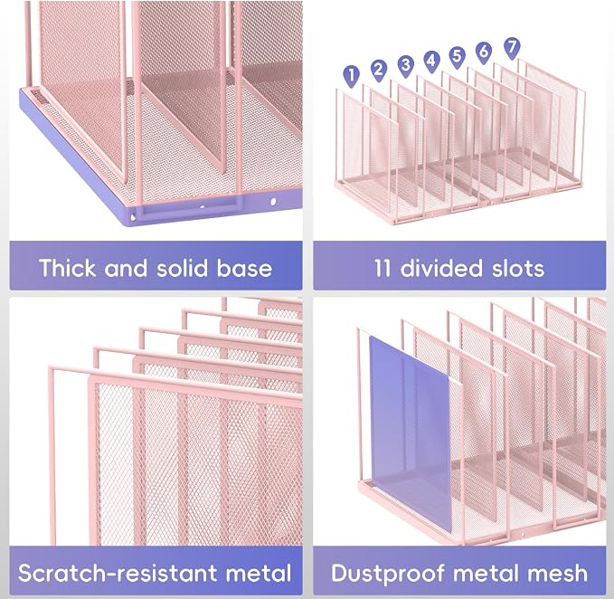 File Organizer for Desk, 7-Section Vertical File Sorter, Paper Holder Organizer Standing Metal File Folder for Office Home Classroom, Pink