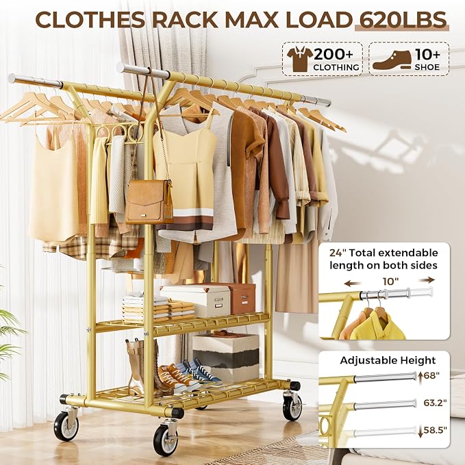 HYSEYY Heavy Duty Clothes Rack, Rolling Clothing Racks With Shelves Load 620 LBS, Double Rod Clothing Racks for Hanging Clothes, Portable& Adjustable Clothes Rack with Wheels Garment Rack,Gold