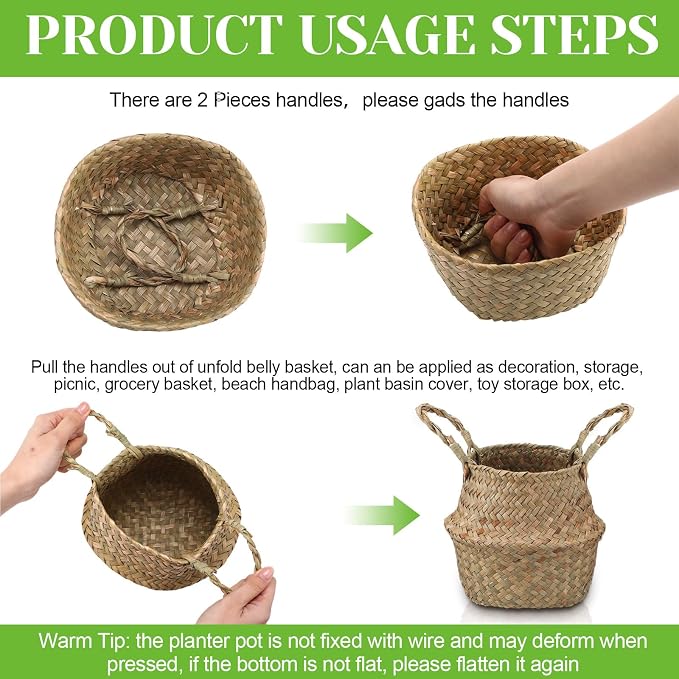Qunclay 8 Pcs Woven Seagrass Baskets Belly Basket Folding Boho Natural Plant Pot with Handles Round Decorative Wicker Large Indoor Planter for Home Outdoor Tree Planters Decor (XXS,6.3''dx5.5''h)