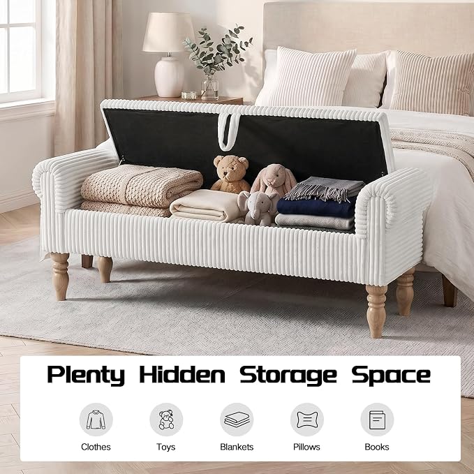 60" Storage Bench for Bedroom,End of Bed Bench with Storage | Corduroy King Size Bench with Rolled Arms,Storage Ottoman Benches for Living Room,Entryway,Benches for Foot of Bed,White