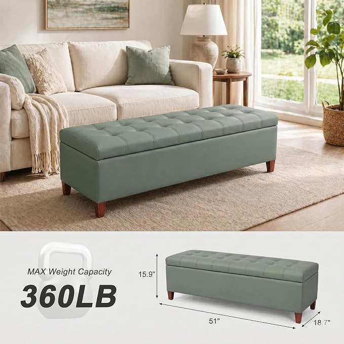 Ottoman with Storage, 51 Inch End of Bed Storage Bench, Faux Leather Upholstered Ottomans with Hinged Lid, Rectangle Long Foot Rest Bench for Entryway Living Room Bedroom Light Green