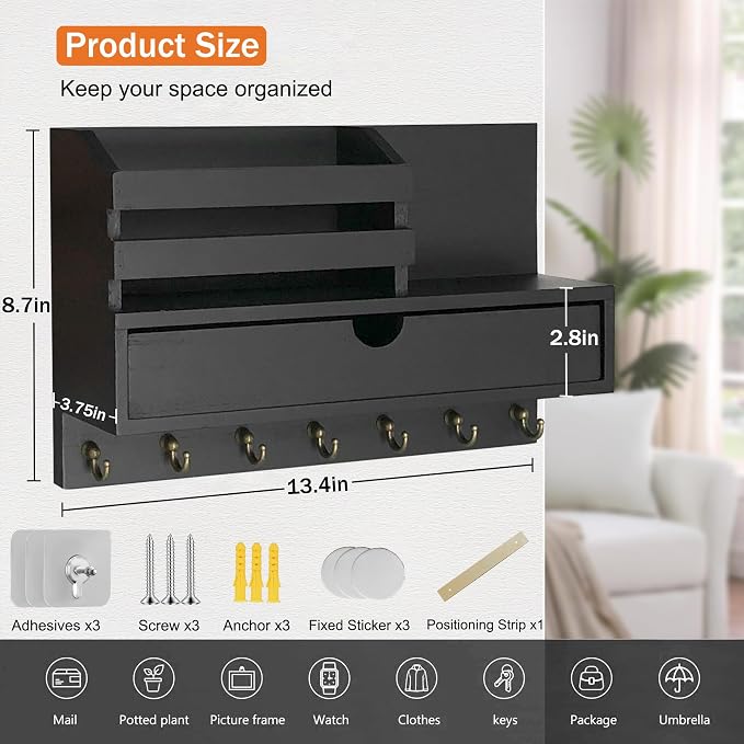 dreampossible Key and Mail Holder for Wall, Mail Organizer Wall Mount with 6 Hooks and Storage Drawer, Wooden Key Rack Hanger with Shelf for Entryway and Home Decor