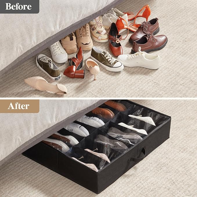 Lifewit Under Bed Shoe Storage Organizer 2 Pack(12 Shoes Cells), 4.3 Inches Profile Fabric Shoes Container Box with Clear Cover, Foldable Storage Bag with 2 Handles, Fits 12 to 24 Pairs