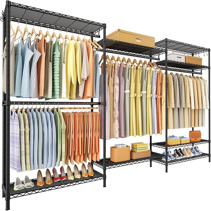 E13 Max Heavy Duty Clothes Rack（With 4 Hanger Rods & 8 Shelves） Freestanding Clothing Racks for Hanging Clothes，Adjustable Closet，Metal Garment Rack 86" W x16 D x77 H，Max Load 1100LBS，Black
