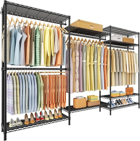 E13 Max Heavy Duty Clothes Rack（With 4 Hanger Rods & 8 Shelves） Freestanding Clothing Racks for Hanging Clothes，Adjustable Closet，Metal Garment Rack 86" W x16 D x77 H，Max Load 1100LBS，Black