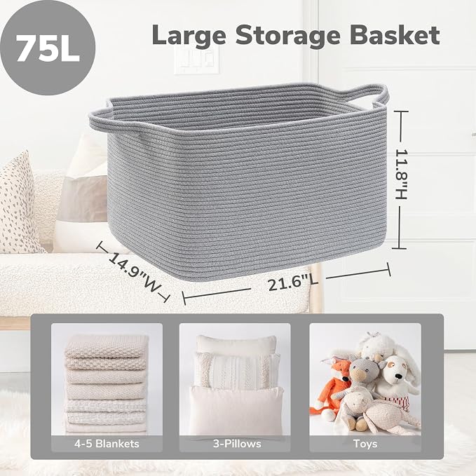 Goodpick Large Toy Storage Basket, Woven Rope Organizer, Gray | 21.6 x 14.9 x 11.8 in, Reinforced Handles, Living Room, Bedroom & Nursery Organization, Toys, Blankets & Towels Storage