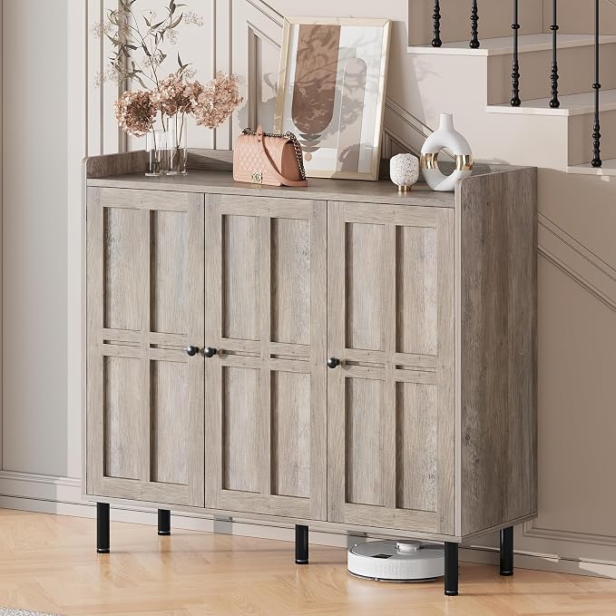 Shoe Storage Cabinet with 3 Doors, 8-Tier Shoe Cabinet with 5 Adjustable Shelves and Metal Legs, 40'' Tall Shoe Rack Organizer Cabinet for Entryway, Front Door, Gray Wash
